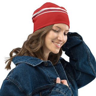 Beanie Hat by Ellen Jean Red and White Warm Durable Lightweight Beanie Hat