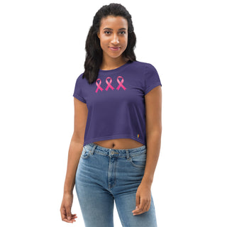 Purple and Pink Ribbon Breast Cancer Awareness Crop Top T-Shirt by Ellen Jean