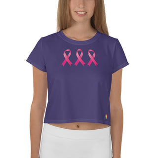 Purple and Pink Ribbon Breast Cancer Awareness Crop Top T-Shirt by Ellen Jean