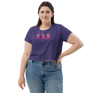 Purple and Pink Ribbon Breast Cancer Awareness Crop Top T-Shirt by Ellen Jean