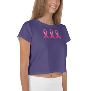 Purple and Pink Ribbon Breast Cancer Awareness Crop Top T-Shirt by Ellen Jean