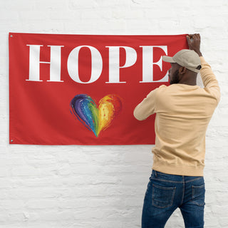 Red Hope Flag with Rainbow Heart by Ellen Jean