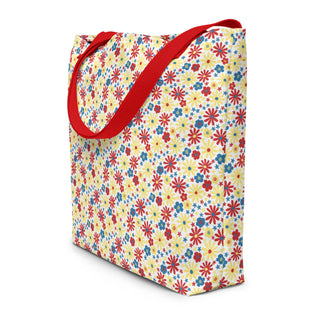 Large Red Yellow Blue Flowers Tote Bag 16"x20"