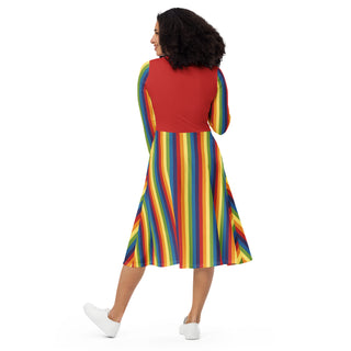 Casual Dress Red Rainbow Stripe Long Sleeve Midi Length Dress