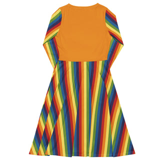 Casual Dress Orange Rainbow Stripe Long Sleeve Midi Length Dress