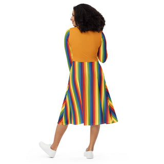 Casual Dress Orange Rainbow Stripe Long Sleeve Midi Length Dress