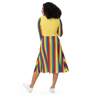 Casual Dress Yellow Rainbow Stripe Long Sleeve Midi Length Dress