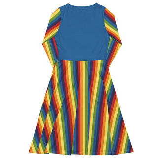 Casual Dress Blue Rainbow Stripe Long Sleeve Midi Length Dress