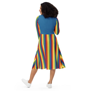 Casual Dress Blue Rainbow Stripe Long Sleeve Midi Length Dress