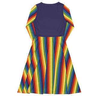 Casual Dress Purple Rainbow Stripe Long Sleeve Midi Length Dress