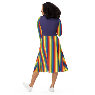 Casual Dress Purple Rainbow Stripe Long Sleeve Midi Length Dress