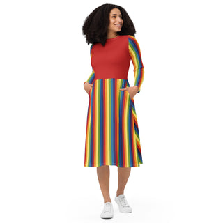 Casual Dress Red Rainbow Stripe Long Sleeve Midi Length Dress