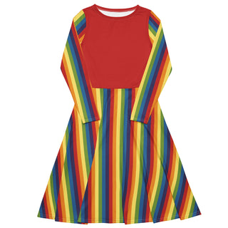 Casual Dress Red Rainbow Stripe Long Sleeve Midi Length Dress