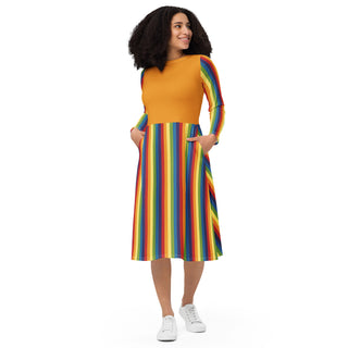 Casual Dress Orange Rainbow Stripe Long Sleeve Midi Length Dress