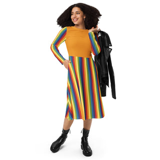 Casual Dress Orange Rainbow Stripe Long Sleeve Midi Length Dress