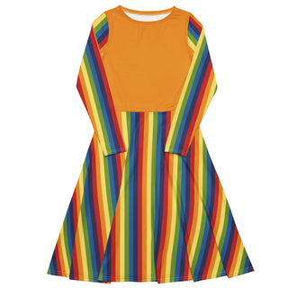 Casual Dress Orange Rainbow Stripe Long Sleeve Midi Length Dress