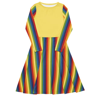 Casual Dress Yellow Rainbow Stripe Long Sleeve Midi Length Dress