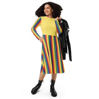 Casual Dress Yellow Rainbow Stripe Long Sleeve Midi Length Dress