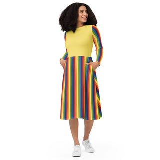 Casual Dress Yellow Rainbow Stripe Long Sleeve Midi Length Dress