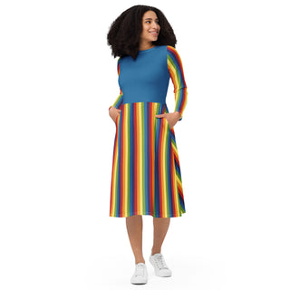 Casual Dress Blue Rainbow Stripe Long Sleeve Midi Length Dress