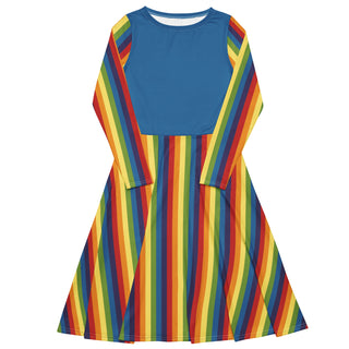 Casual Dress Blue Rainbow Stripe Long Sleeve Midi Length Dress