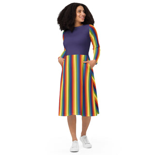 Casual Dress Purple Rainbow Stripe Long Sleeve Midi Length Dress