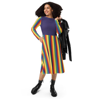 Casual Dress Purple Rainbow Stripe Long Sleeve Midi Length Dress