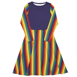 Casual Dress Purple Rainbow Stripe Long Sleeve Midi Length Dress