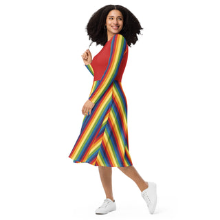 Casual Dress Red Rainbow Stripe Long Sleeve Midi Length Dress