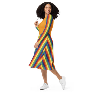 Casual Dress Orange Rainbow Stripe Long Sleeve Midi Length Dress