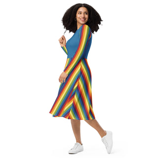 Casual Dress Blue Rainbow Stripe Long Sleeve Midi Length Dress