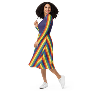 Casual Dress Purple Rainbow Stripe Long Sleeve Midi Length Dress