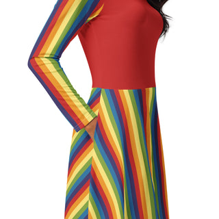 Casual Dress Red Rainbow Stripe Long Sleeve Midi Length Dress