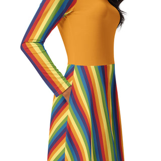 Casual Dress Orange Rainbow Stripe Long Sleeve Midi Length Dress