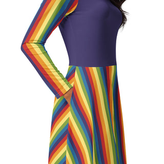 Casual Dress Purple Rainbow Stripe Long Sleeve Midi Length Dress