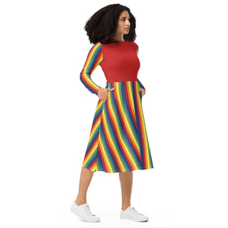 Casual Dress Red Rainbow Stripe Long Sleeve Midi Length Dress