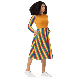 Casual Dress Orange Rainbow Stripe Long Sleeve Midi Length Dress