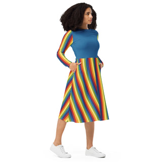 Casual Dress Blue Rainbow Stripe Long Sleeve Midi Length Dress