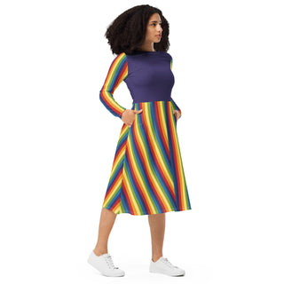 Casual Dress Purple Rainbow Stripe Long Sleeve Midi Length Dress