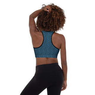 Blue Padded Sports Bra with Black Leopard Print by Ellen Jean