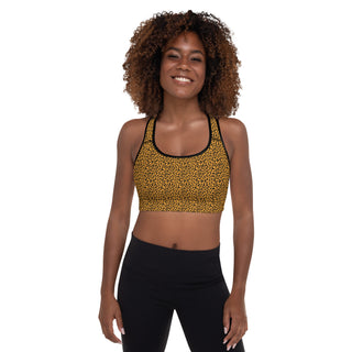 Orange Padded Sports Bra with Black Leopard Print by Ellen Jean