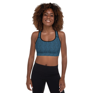 Blue Padded Sports Bra with Black Leopard Print by Ellen Jean