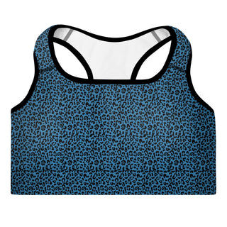 Blue Padded Sports Bra with Black Leopard Print by Ellen Jean