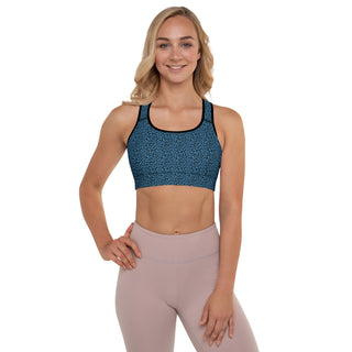 Blue Padded Sports Bra with Black Leopard Print by Ellen Jean