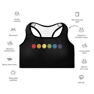 Black Padded Sports Bra with Rainbow Smiley Faces Athletic Bra