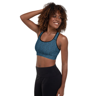 Blue Padded Sports Bra with Black Leopard Print by Ellen Jean