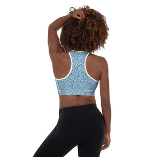 Blue Padded Sports Bra with White Leopard Print by Ellen Jean