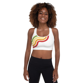 White Padded Sports Bra with Retro Rainbow Wave by Ellen Jean