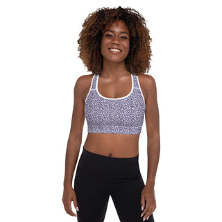 Purple Padded Sports Bra with White Leopard Print by Ellen Jean