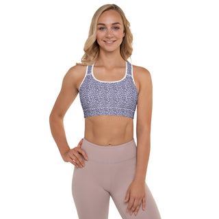 Purple Padded Sports Bra with White Leopard Print by Ellen Jean